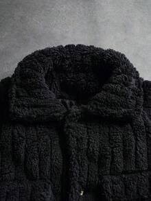 SLATEMANN Manfinity 翻盖细节纽扣前法兰绒夹克，男士前扣长袖口袋简约夹克，休闲日常穿着，秋冬，男朋友礼物，外出，泰迪内衬外套，街头服饰，街头风格美式复古灯芯绒夹克，垃圾摇滚 - 黑色 - 查看 6