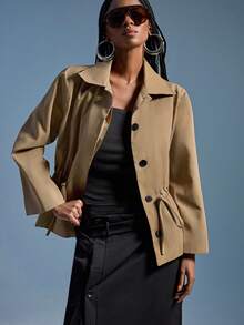 GENKIRA 经典翻领收腰短款夹克，通勤百搭，剪裁精良 - 棕色 - 查看 5