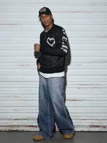 Modcrash 男士秋冬新款个性化天使卡通图案提花休闲复古百搭圆领长袖毛衣 - 黑色 - 查看 3