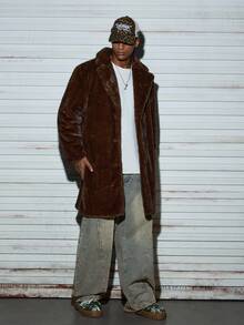 Modcrash Men's Luxury Faux Mink Long Coat Winter Warm Brown Suit Lapel Jacket