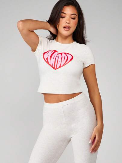 Missguided x Playboy Heart Print Graphic Baby Tee Short Sleeve Crop Top Valentine's Day Cute Love Design Fitted Cotton Blend T-Shirt
