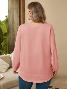 Rosumi Plus Size Casual Solid Color Crew Neck Sweatshirt, Women's Fall Clothes,Fall Clothes For Women, Casual Minimalist Style For Everyday Wear,Going Out,Spring - Pink - View 2