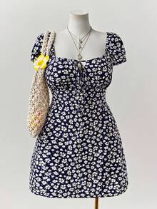 Sunspun 时尚碎花抹胸连衣裙，适合度假、海滩和日常穿着，泡泡袖和A字廓形设计。 - 藏蓝色 - 查看 1