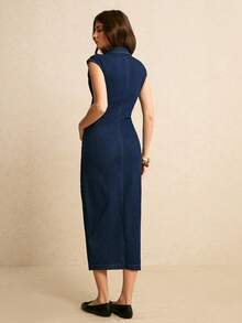 Poéselle Elegant Women's Denim Dress For Commuting/Office Use; Fitted, Waist-Cinching, Long Dress With A Front Opening; Dark Blue Denim Dress.  Summer Dress Spring  Valentine's Day Beach Dress Birthday Dress Elegant Dresses For Women Loose-Fitting Straight-Leg Pants, Green Trousers, Floral Appliqué Embroidery, Vacation Casual Trousers  Valentine