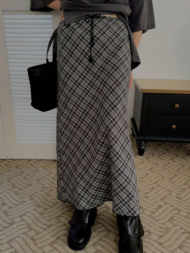 Women High Waist Plaid A-Line Skirt, Slim Fit Casual Versatile Skirt