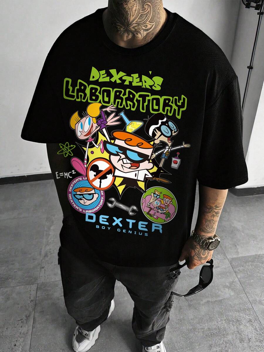 Dexter's Laboratory X SHEIN 男士黑色宽松圆领短袖 T 恤,舒适夏季穿着,带有卡通人物和英文字母印花 - 黑色 - 查看 1