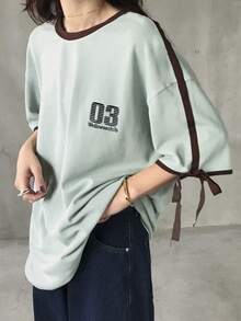 FRIFUL Women's Loose Fit Contrast Color Sporty Biker Style Bow Tie T-Shirt - Blue - View 4