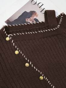 GlowEve Áo len nữ lệch vai màu nâu cà phê thiết kế bất đối xứng viền tương phản - Cà phê nâu - Xem 5