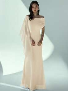 Aloruh Váy suông cổ thuyền lệch vai ôm vừa vặn mới có chi tiết buộc nơ, váy đuôi cá dài màu xanh lá cây đa năng cho sinh nhật, tiệc tùng, cocktail - Màu be - Xem 7