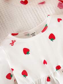 SHEIN Trẻ sơ sinh/Bé gái in hình quả dâu tây dễ thương, thoải mái, tay dài, phong cách ngày lễ - Nhiều màu - Xem 3