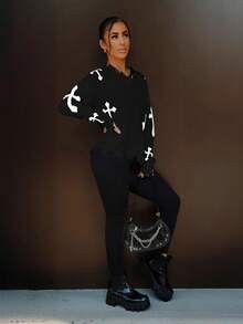 SAYEHFBABY Women's Casual Cross Pattern Distressed Sweater, Autumn/Winter Knit Pullover Fall Outfit - Black - View 6