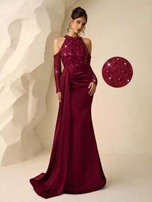 Coutiva 串珠亮片拼接露肩吊带高端晚礼服，优雅派对礼服，尽显奢华气质 - 酒紅色 - 查看 3