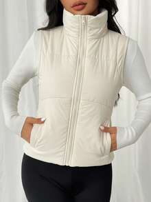 SHEIN EZwear Women's Beige Zip-Up Casual Down Vest Jacket, Winter - Beige - View 6