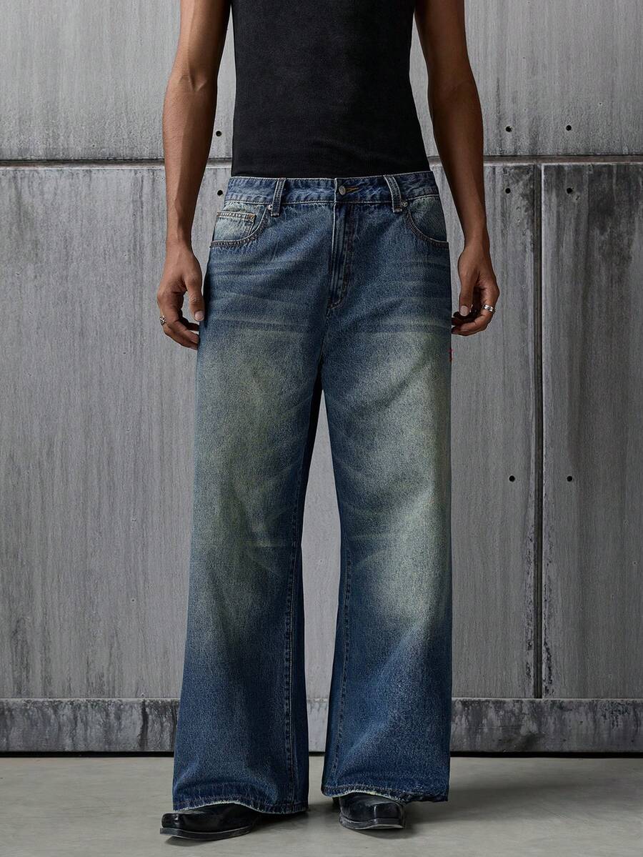 NEON BLANC Jeans de pierna ancha casuales de uso diario y para ir al trabajo con bolsillo con botón para hombres - Azul - Ver 1