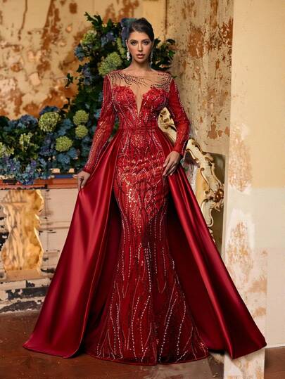 Glamrae Elegant Red Luxury Satin Sheer Long-Sleeved Gown With 3D Beaded And Sequined Details, Hand-Applied Embellishments And Heavy Rhinestone Embellishments At The Neckline, Featuring A Large Fishtail Train, Open Back, And Adjustable Straps Suitable For All Formal Occasions, Including Weddings, Events, Christmas, And New Year's Wear. A Luxurious Evening Gown For Women, A Fashionable Wedding Evening Dress, And A Heavy-Duty Evening Gown.