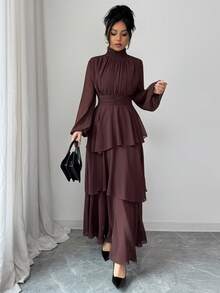 Elenzga Women's Solid Color Chiffon Lined High Collar Pleated Vintage Waist Adjustable A-Line Layered Romantic Ruffle Asymmetric Hem Lantern Sleeve Maxi Dress, Elegant French Retro Street Style, Simple Versatile, Suitable For Winter, Halloween, Christmas, Thanksgiving, Afternoon Tea, Party, Office, Family Gathering - Chocolate Brown - View 6
