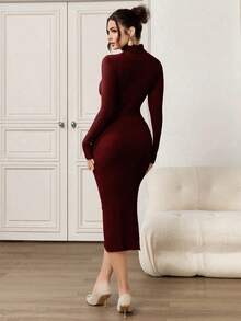 Modelyn 女士纯色高领长袖修身侧开衩下摆优雅针织连衣裙，秋冬款 - 紅色 - 查看 2