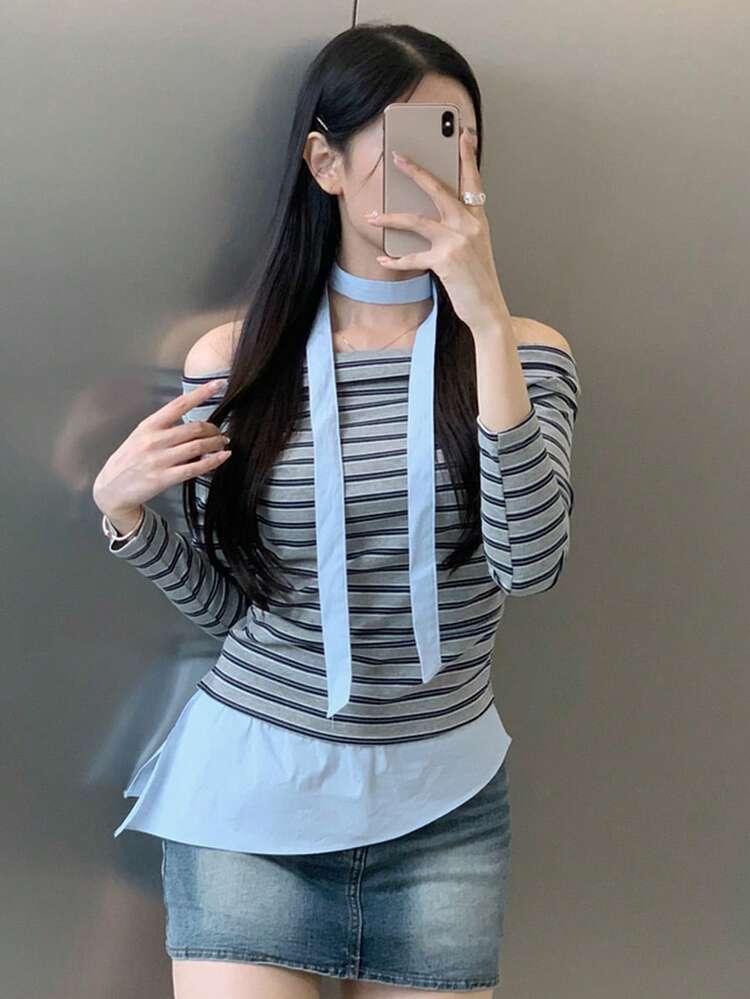 Women's Off-Shoulder Tie Decor Fitted Contrast Color Long Sleeve T-Shirt