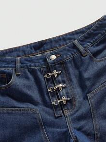 ROMWE MEN Essentials Men's Casual Washed Wide Leg Capri Jeans - Navy Blue - View 6