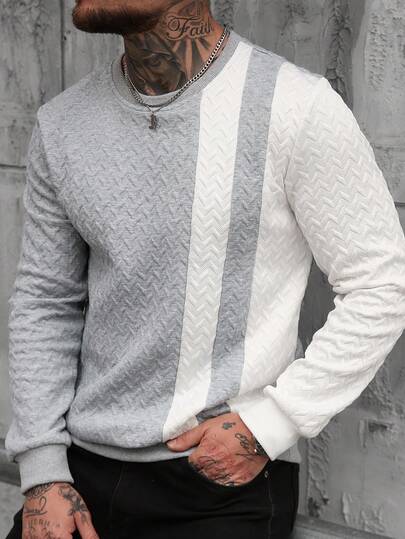 Manfinity CasualCool Manfinity Homme Men's Jacquard Round Neck Long Sleeve Multi Color Splicing T-Shirt, Suitable For Casual Vacations, Dining, Elegant School Style, Daily Dates, Minimalist Business, Office, Home Wear, Suitable For Formal Or Informal Occasions, Can Be Worn Alone, Or Paired With Suits Or Casual Wear, Simple And Versatile, Classic Yamamoto Series Style, Suitable For Autumn And Winter Self Wear Or Giving To Friends, A Must-Have For