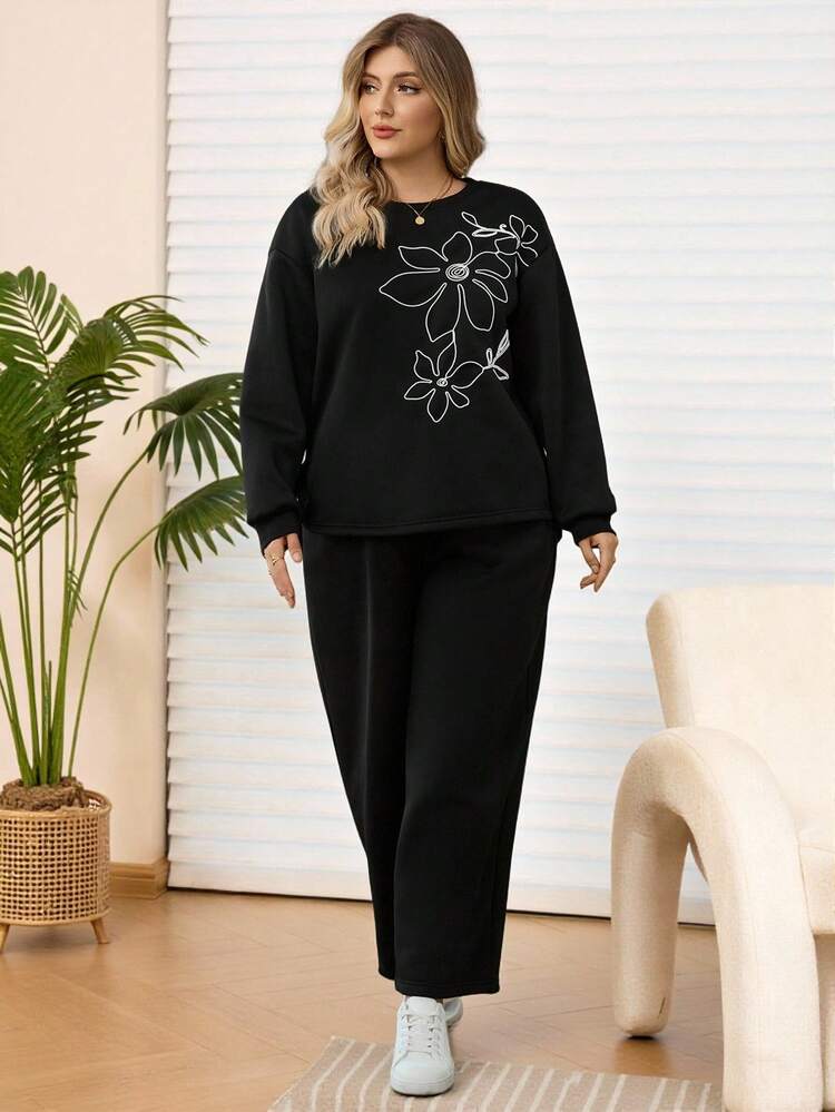 Plus Size Crew Neck Long Sleeve Casual Loose Pullover Sweatshirt And Pants 2 Piece Set, Women Plus Clothing Black Sets, Thanksgiving Outfit For Women, Autumn/Winter,2025 New