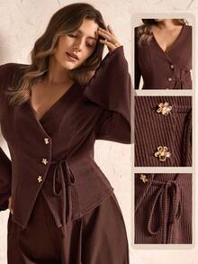 SHEIN LUNE Women's Ribbed Knit Tie Front Elegant Commute & Date Top, Autumn/Winter - Brown - View 1