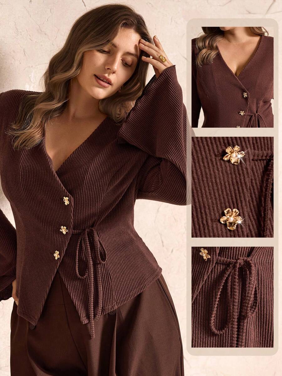 SHEIN LUNE Women's Ribbed Knit Tie Front Elegant Commute & Date Top, Autumn/Winter - Brown - View 1