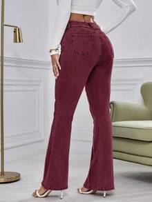 SHEIN Essnce Quần jeans ống loe có túi viền tua rua dành cho nữ - Màu Đỏ Sâu - Xem 2