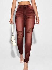 SHEIN Essnce Women's Casual Distressed Skinny Fit Denim Jeans - Coffee Brown - View 3