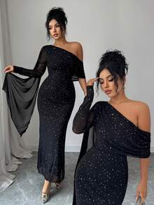 Rafferiza Women's Solid Color Asymmetric Ruffle Design Long Sleeve Sequin Embellished Fitted Elegant Dress - Black - View 1