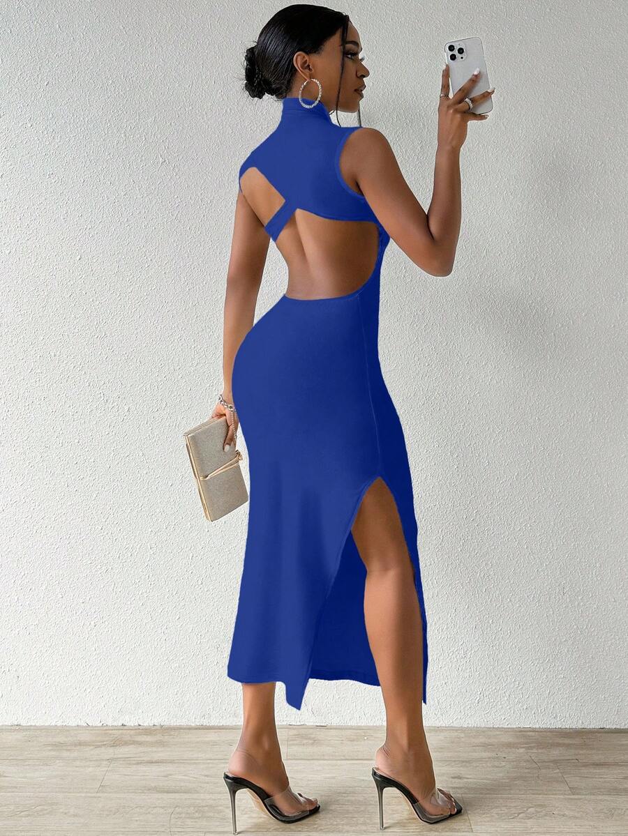 VaVaBold 纯色露背立领侧开衩修身连衣裙，夏季女士长款套装 - 寶藍色 - 查看 1