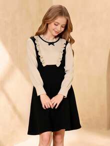 女童荷叶边下摆圆领长袖A字型毛衣连衣裙，适合假日、度假和日常休闲穿着。 - 黑色 - 查看 1