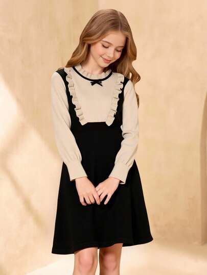 Girls' Ruffled Hem Round Neck Long Sleeve A-Line Sweater Dress, Suitable For Holiday, Vacation And Casual Everyday Wear Girl Long Sleeve Dresses Girls Black Dress Girls Tween Black Dress Black Dress For Tweens