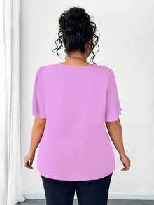 Elenzga 大码不对称荷叶边领纽扣装饰短袖优雅衬衫 - 淡紫色 - 查看 2