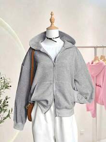 INAWLY Casual Loose Hooded Long Sleeve Zip-Up Women Sweatshirts