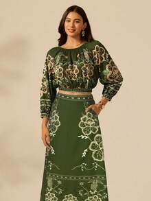 CAJUNI Casual Tropical Colorful Floral Print A-Line Skirt For Women, Green Long Skirt - Green - View 3