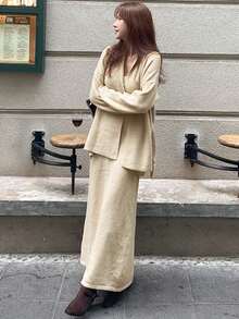 DAZY 2pcs Women V-Neck Camisole Dress & Loose Cardigan Sweater Set - Apricot - View 5