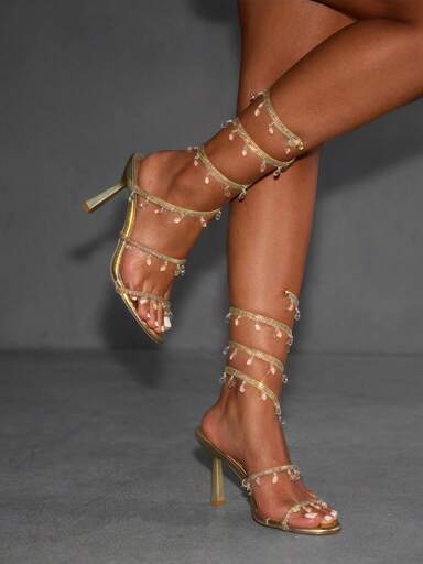 CUCCOO SZL Damen Sandaletten mit Strass-Verzierung und Wickeldesign, glamouröse High Heels