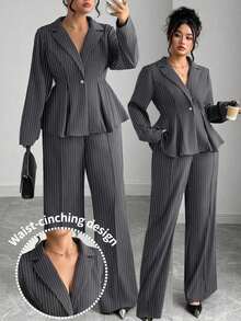 Elenzga 加大码两件套条纹西装套装，缺口领单扣收腰长袖夹克和直筒裤 - 灰色 - 查看 8