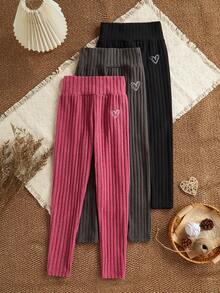 Genkimix Kids Bộ 3 quần legging cho bé gái tuổi teen - Màu đen, xám, hồng, thêu hình trái tim, quần legging gân sọc, cạp cao, dày dặn, ấm áp, co giãn, vải dệt dọc, họa tiết trái tim nhỏ, ngọt ngào, tối giản, cần thiết cho mùa thu đông, kỳ nghỉ, lớp lót bên trong cho bé gái tuổi teen. - Nhiều màu - Xem 3