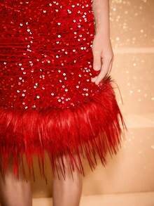 优雅迷人的黑色圆领串珠毛边中长款派对连衣裙，适合少女，可用于晚宴、婚礼、生日、万圣节、圣诞节、毕业典礼、度假等场合。 - 酒紅色 - 查看 3