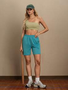Menodora SHEIN Sport Quần short thể thao nữ cạp chun màu trơn có túi thường ngày - màu xanh lá - Xem 7