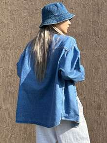 DAZY 宽松水洗牛仔衬衫，休闲女士落肩牛仔上衣 - 淺色水洗藍 - 查看 2