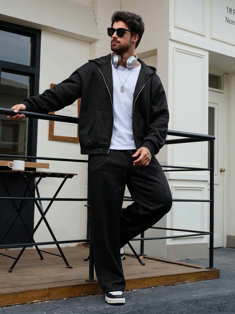 Men's Autumn/Winter Thermal Lined Black Sweatshirt & Colorful Sequin Hoodie Sweatshirt Set