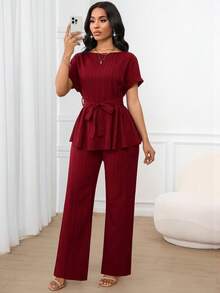 SHEIN Lady Damen Einfarbig, Lässig und Elegant Jacquard Stoff, Lose Taille A-Saum, Kurzarm Top und Lose Gerade Hose Zwei Teile Set, Tragen Sie es im Frühling, Sommer und Herbst Urlaubsoutfits, Bürooutfits für Damen, Kleidung für den Schulanfang, Kirchenoutfits für Damen, Ausgehoutfits, Bescheidenes Flughafen-Outfit für Damen - Bordeaux - Übersicht 7