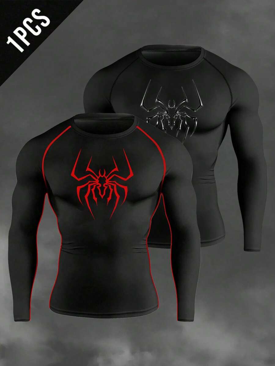 Manfinity Sport Corelite Camiseta deportiva de compresión de manga larga con cuello redondo y estampado de araña para hombres - Negro - Ver 1