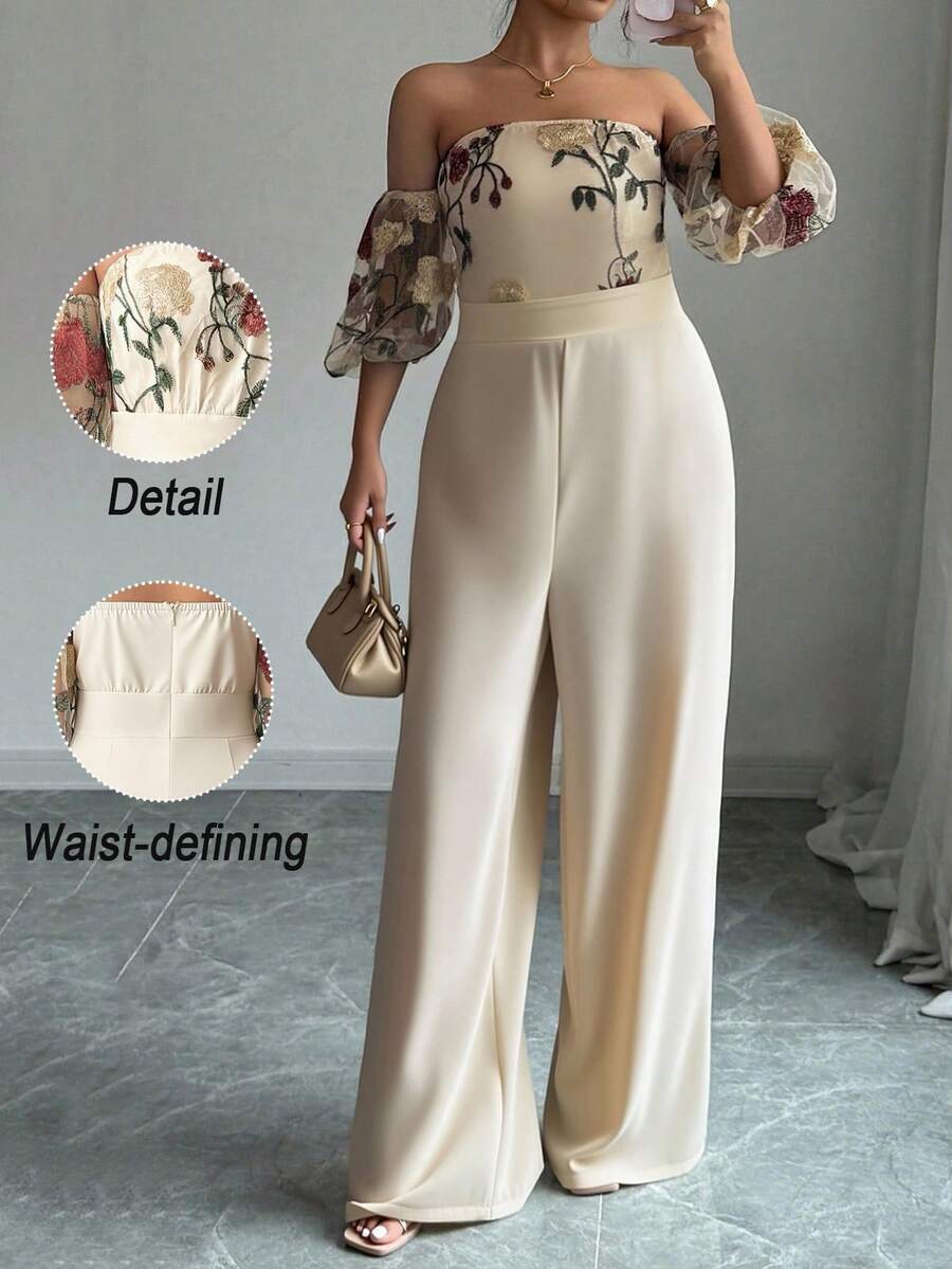 SHEIN PETITE CURVE 大码女式露肩连体裤，优雅别致 - 卡其色 - 查看 1