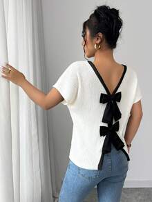 Elenzga Camiseta de manga corta elegante con lazo decorativo para mujer, de verano - Blanco - Ver 4
