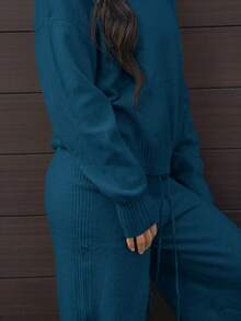 SAYEHFBABY Women's Casual Solid Color Sweater & Pants 2 Pieces Set - Blue - View 5