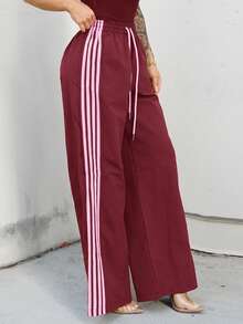 SAYEHFBABY Pantalones deportivos casuales y sueltos con cintura elástica y rayas para mujer - Burdeos - Ver 6